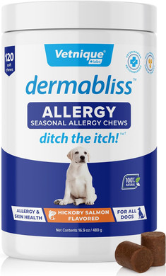 Vetnique Labs Dermabliss Dog Allergy Relief & Immune Support Supplement Allergy Chews For Dogs Itching And Licking With Omega 3 Fish Oil & Probiotics For Itch Relief - Vet Recommended (30 Count Chews)