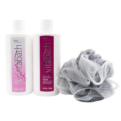 Vitabath Plus For Dry Skin Everyday Skincare Set Moisturizing Shower Gel Wash, Reviving Lotion & Exfoliating Body Scrubber Pouf - Nourishing Foam Cleanser & Dry Skin Hydration For Women & Men