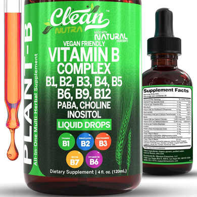 Vitamin B Complex Liquid Drops | Thiamine B1, B6, B2, B3, B4, B5, B7 B9, B12, Niacinamide, Paba, Choline Inositol Taurine Probiotics Beet Root Spirulina - Plant-B Vitamin Supplements - Clean Nutra (2)