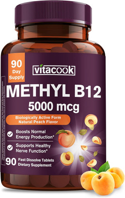 Vitamin B12 Sublingual, Methylcobalamin 5000Mcg For Energy Production, Energy, Nerve & Cell Support, Natural Peach Flavor, Vegan, Zero Sugar, 90 Fast Dissolve Tablets