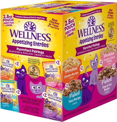 Wellness Appetizing Entrées Flaked & Shredded Adult Wet Cat Food, Natural, Protein-Rich, Grain Free, 2.8 Ounce Pouch, 8 Pack (Seafood & Poultry Variety Pack)