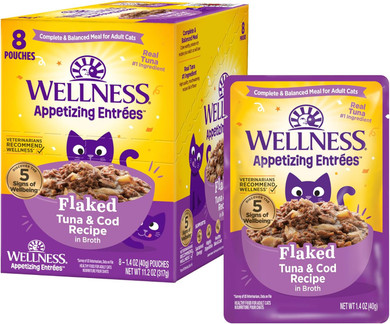 Wellness Appetizing Entrées Flaked Adult Wet Cat Food, Natural, Protein-Rich, Grain Free, 1.4 Ounce Pouch, 8 Pack (Tuna & Cod Recipe)