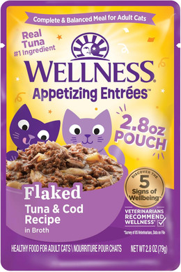 Wellness Appetizing Entrées Flaked Adult Wet Cat Food, Natural, Protein-Rich, Grain Free, 1.4 Ounce Pouch, 8 Pack (Tuna Recipe)