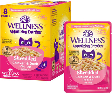Wellness Appetizing Entrées Mousse Adult Wet Cat Food, Natural, Protein-Rich, Grain Free, 1.4 Ounce Pouch, 8 Pack (Chicken & Turkey Recipe)