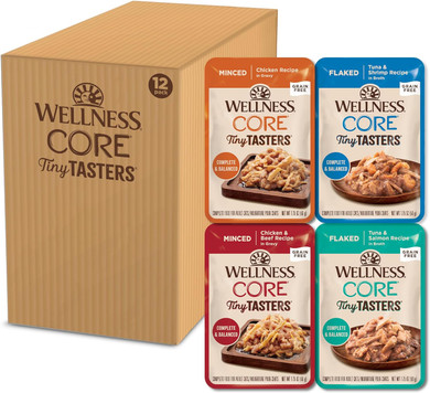 Wellness Core Tiny Tasters Pate Adult Wet Cat Food, Natural, Protein-Rich, Grain Free, 1.75-Ounce Pouch, 12 Pack, (Seafood Variety Pack)