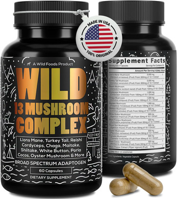 Wild Foods Premium Mushroom Supplement Complex | 10:1 Mushroom Extract 13 Organic Mushrooms: Lions Mane, Turkey Tail, Reishi & More Adaptogenic Mushrooms For Energy, Brain & Immune Health(60 Capsules)