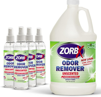 Zorbx Bundle Of Odor Remover Sprays And Refill Solution - Perfect Solution For Funky And Foul Smells - All-Purpose Deodorizer Bundle - Includes 4 Odor Remover Sprays (7.5 Fl Oz) & Gallon (128 Fl Oz)
