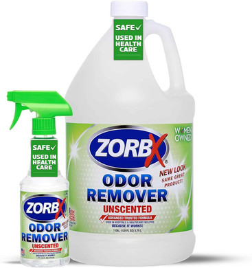Zorbx Unscented Odor Eliminator For Strong Odor 16 Oz + 128 Oz - Used In Hospitals & Healthcare Facilities - Advanced Trusted Formula, Fast-Acting Odor Remover Spray For Dog, Cat, House & Carpet