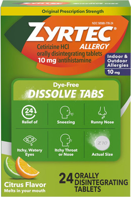 Zyrtec 24 Hour Dye-Free Allergy Relief Dissolve Tablets With 10 Mg Cetirizine Hcl, Citrus Flavored Antihistamine Allergy Medicine Helps Relieve Sneezing, Runny Nose, & Itchy Eyes, 24 Ct