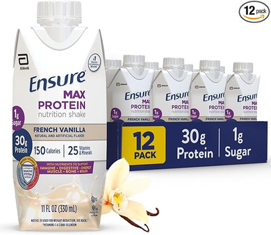 "Ensure Max Protein Shake | French Vanilla | Ready to Drink | 30g Protein for Muscle Health | 1g Sugar, 4g Fiber | 11 fl oz, 12 Pack "