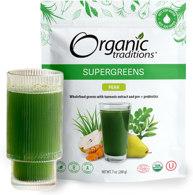 Organic Traditions Supergreens With Turmeric | Pear Flavored Organic Greens Powder | 200G / 7Oz Bag