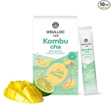 OSULLOC Kombucha Tea Calamango (Calamansi & Mango Blending), Sparkling Powdered Mix Beverage, No added sugar, 10 Sticks, 1.76oz