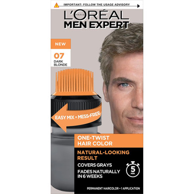 Lã¢ÂOreal Paris Men Expert One Twist Mess Free Permanent Hair Color, Mens Hair Dye To Cover Grays, Easy Mix Ammonia Free Application, Dark Blonde 07, 1 Application Kit07 Dark Blonde/H15