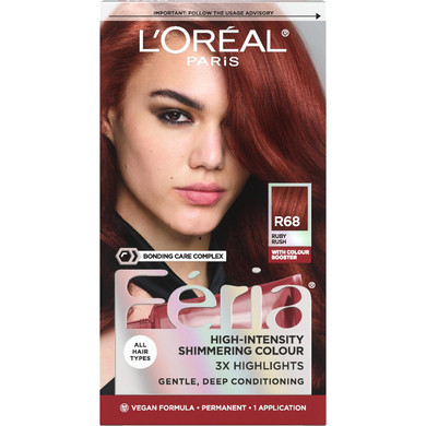 L'Oreal Paris Feria Multi-Faceted Shimmering Permanent Hair Color, R68 Ruby Rush (Rich Auburn True Red), Pack of 1, Hair DyeR68 Ruby Rush (Rich Auburn True Red)1 Count