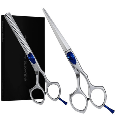 Suvorna 6" Hair Cutting Scissors & Thinning Shears Set - Professional Razor Edge Hair Scissors - Japanese Stainless Steel Hair Thinning/Cutting Shears For Barber/Salons - Exclusive For Women/Men/Homestainless Steel Silver With Blue Rest & Screw
