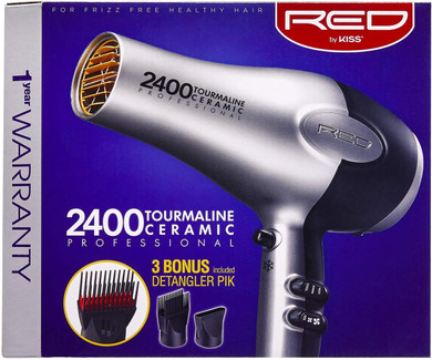 Red By Kiss Hair Dryer 2400 Tourmaline Ceramic Technology, Professional Blow Dryer, Maximum Shine, Fast Drying, Adjustable Settings, 3 Attachments, Salon Quality