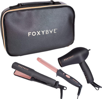 Foxybae Travel Hair Tools  Includes 1 Mini Flat Iron, 0.75 Travel Curling Iron Mini, Dual Voltage Mini Blow Dryer & Travel Bag  Rose Gold Mini Hair Styling Toolsblack