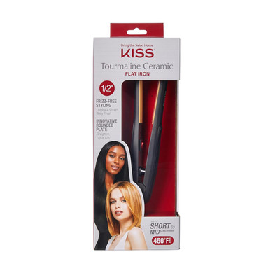 Kiss Tourmaline Ceramic Flat Iron Hair Straightener & Styling Tool, 1/2" Thick Extra Long Rounded Curved Plates, 30 Second Heat Up, 450° F Max Temperature, Black
