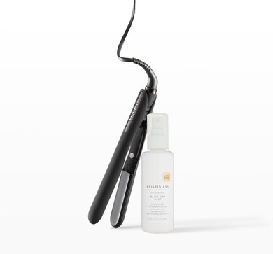 Kristin Ess Hair Nanoblack Travel Flat Iron Straightener + Style Assist Heat Protectant Spray Gift Set - Travel Case Accessory - 3/4 Inch Ceramic Mini Hair Straightener For Short Hair - Auto Shut Off