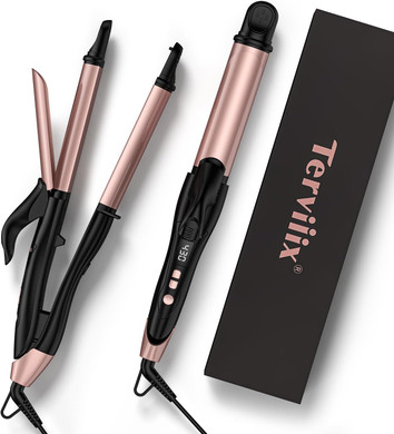 Terviiix Travel Curling Iron & Hair Straightener 2 in 1, Travel Flat Iron Hair Curler in One, 1 1/4 Inch Ceramic Ionic Curling Wand with 11 Temperatures Digital Display, Dual Voltage & Auto Shut-Off