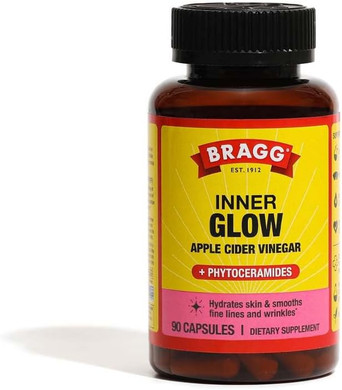 Bragg Inner Glow Apple Cider Vinegar And Phytoceramide Capsules - 750Mg Of Acetic Acid  Energy & Weight Management Support - Promotes Skin Hydration And Rejuvenation - (90 Pills)