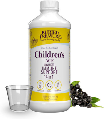 Buried Treasure Childrens Acf Advanced Immune Support, Cherry Flavor, 16Oz W/Dose Cup, Immune Booster Supplement For Kids, Liquid Herbal Immunity Formula W/Vitamin C Elderberry Enchinacea Zinc