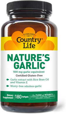 Country Life Nature's Garlic, 500mg Garlic Equivalent, 180 Softgels, Certified Gluten Free