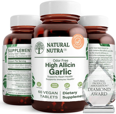 Natural Nutra High Allicin Garlic Supplement, Supports Immune System, Improve Enzymes Health, Better Digestion, Vanilla Coating, 500mg, 60 Vegan Tablets