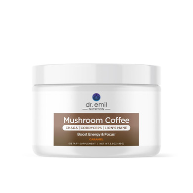 Dr. Emil Mushroom Coffee For Focus & Energy - Instant Coffee With Lions Mane, Chaga & Cordyceps - Delicious Caramel Flavor & Potent Mushroom Powder Blend