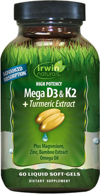 Irwin Naturals High Potency Mega D3 & K2 + Turmeric Extract For Healthy Bones, Immune Function & Positive Mood - Advanced Absorption With Magnesium, Turmeric, Bamboo & Omega Oil - 60 Liquid Softgels