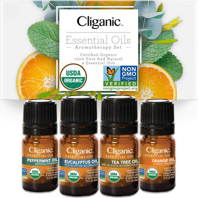 Cliganic Usda Organic Aromatherapy Essential Oils Set (Top 4), 100% Pure Natural - Peppermint, Eucalyptus, Tea Tree & Orange