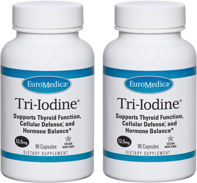 EuroMedica Tri-Iodine 12.5mg - 90 Capsules, Pack of 2 - Potassium Iodide, Sodium Iodide & Molecular Iodine - Supports Healthy Thyroid & Immune Function - 180 Total Servings