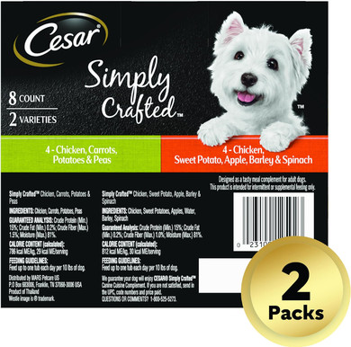 Cesar Simply Crafted Adult Soft Wet Dog Food Meal Topper Variety Pack, Chicken, Carrot, Potato & Peas And Chicken, Sweet Potato, Apple, Barley & Spinach, 8 Count(Pack Of 2)1.3 Ounce (Pack Of 16)