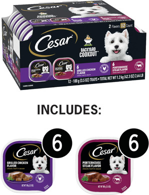 Cesar Backyard Cookout Adult Wet Dog Food Classic Loaf In Sauce Variety Pack, Grilled Chicken And Porterhouse Steak Flavors, (12) 3.5 Oz. Easy Peel Trays