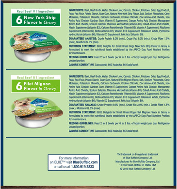 Blue Buffalo Delights Natural Adult Small Breed Wet Dog Food Cups Variety Pack, In Hearty Gravy, Filet Mignon & New York Strip 3.5-Oz Cups (12 Count - 6 Of Each Flavor)3.5 Ounce (Pack Of 12)