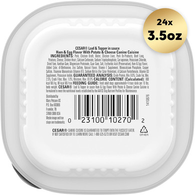 Cesar Adult Wet Dog Food Loaf & Topper In Sauce Ham & Egg Flavor With Potato & Cheese, 3.5 Oz. Easy Peel Trays, Pack Of 24