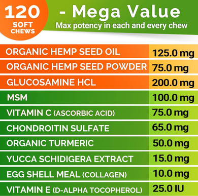 Goodgrowlies Hemp Hip & Joint Supplement For Dogs Glucosamine, Chondroitin, Msm, Turmeric, Hemp Seed Oil & Hemp Protein For Joint Pain Relief & Mobility 120 Soft Chews Bacon Flavor