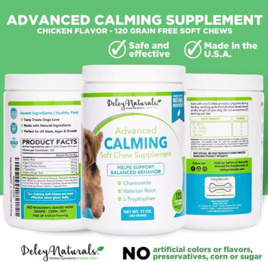Deley Naturals - Advanced Calming Supplement For Dogs - 120 Soft Chews - Helps Stress, Separation Anxiety, Travel Sickness - Natural Valerian Root And L-Tryptophan - Grain Free - Made In Usa