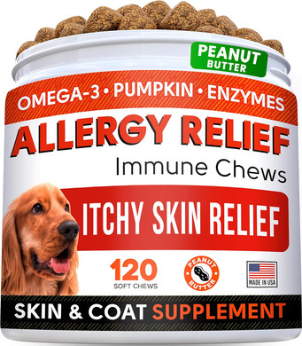 Allergy Relief Treats + Pumpkin For Dogs Bundle - Itchy Skin Relief + Upset Stomach - Omega 3 + Enzymes + Turmeric + Pure Pumpkin Powder - Skin & Coat Health + Digestion - 120Ct + 8.1Oz - Made In Usa