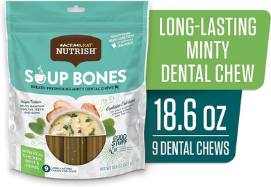 Rachael Ray Nutrish Soup Bones Breath-Freshening Dental Dog Treats, Chicken, Mint & Herb, 9 Bones (Pack Of 5)9 Count (Pack Of 5)