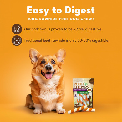 Pork Chomps Baked Pork Skin Dog Chews, 6-Inch Twists, Real Sweet Potato Wrap, 4 Count