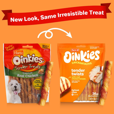Hartz Oinkies Rawhide-Free Tender Treats Wrapped With Chicken Dog Treats Chews, Highly Digestible, No Artificial Flavors, Perfect For Smaller And Senior Dogs, 36 Count (Pack Of 2)