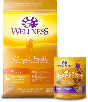 Wellness Complete Health Dry Puppy Food with Grains, 5 lb Bag and Soft Puppy Bites, 3 oz Bag, Grain Free Dog Treats, Trial Bundle3 oz + 5 lb