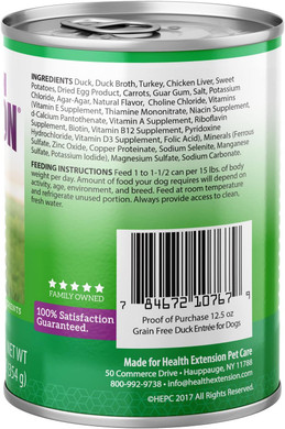 Health Extension Wet Dog Food Canned, Gluten & Grain-Free, Natural Food For All Dogs With Added Vitamins & Mineral, Duck Entree (12.5 Oz / 374 G) (Pack Of 12)