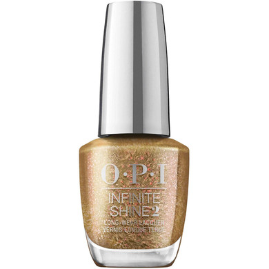 OPI Infinite Shine, Opaque Shimmer Finish Metallic Gold Nail Polish, Up to 11 Days of Wear, Chip Resistant & Fast Drying, Holiday 2023 Collection, Terribly Nice, Five Golden Flings, 0.5 fl oz