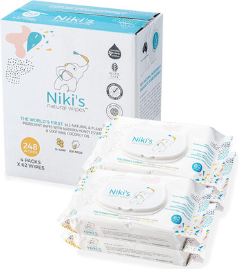 Niki'S Natural Baby Wipes | Organic Baby Wipes Sensitive | Made With Manuka Honey And Coconut Oil, Unscented | Ewg Verified | 248 Wipes (4 Pack X 62 Count Wipes)