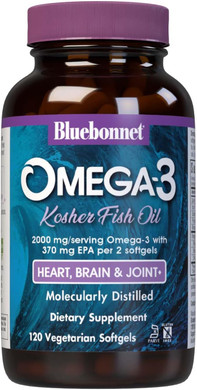 Bluebonnet Nutrition Omega-3 Kosher Fish Oil, Natural Triglyceride Form, Gluten-Free, Dairy-Free, Kosher Certified, Non-Gmo, 3Rd Party Tested, Molecularly Distilled, 120 Vegetarian Softgel, 60 Serving120 Count (Pack Of 1)