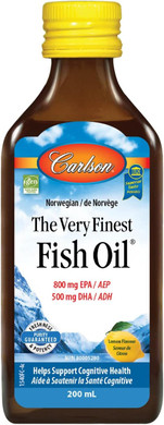 A 200 mL (6.7 fl oz) bottle of Carlson's The Very Finest Fish Oil, labeled to highlight its 1,600 mg omega-3 content per serving, lemon flavor, and wild-caught Norwegian source.