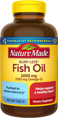 Nature Made Burp Less Fish Oil 1000 mg Softgels, Omega 3 Fish Oil Supplements for Healthy Heart Support, Omega 3 Supplement with 150 Softgels, 75 Day Supply150 Count (Pack of 1)