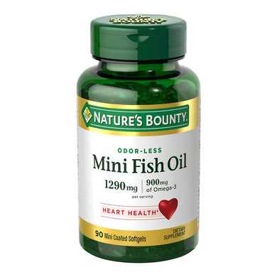 Nature's Bounty Mini Fish Oil Softgels 1290 mg, Omega-3, Supports Heart Health, Odor-Less, 90 Mini Coated Softgels